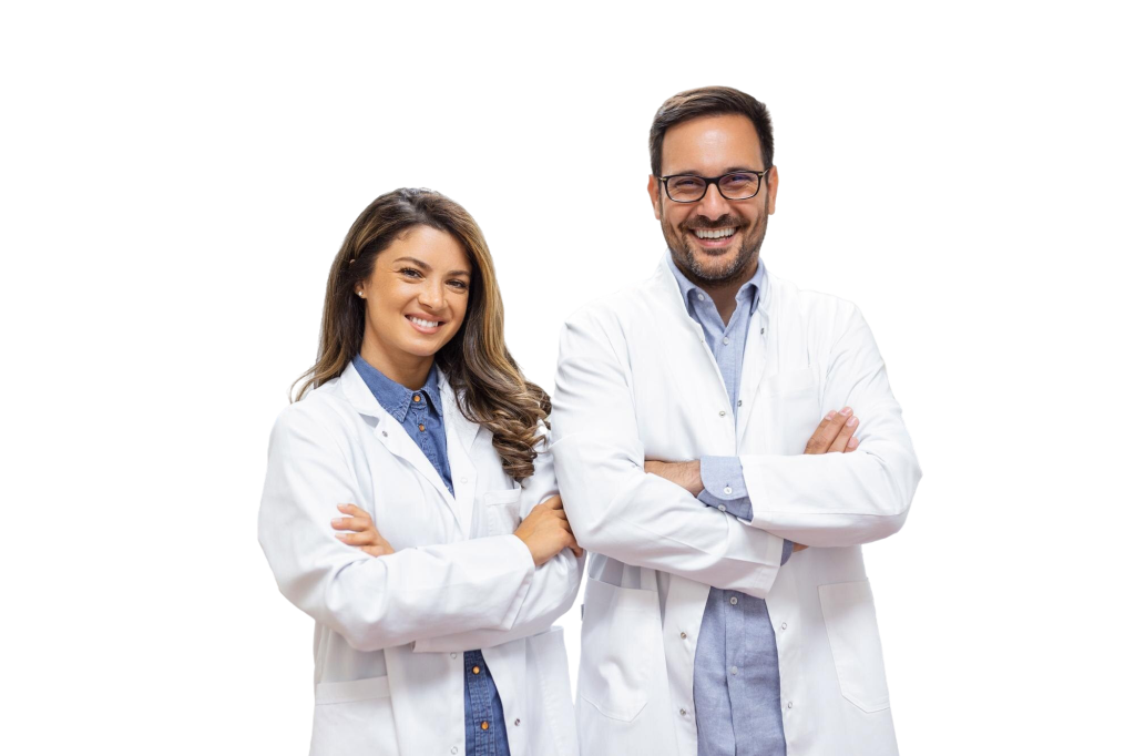 portrait smiling young doctors standing together portrait medical staff inside modern hospital smiling camera